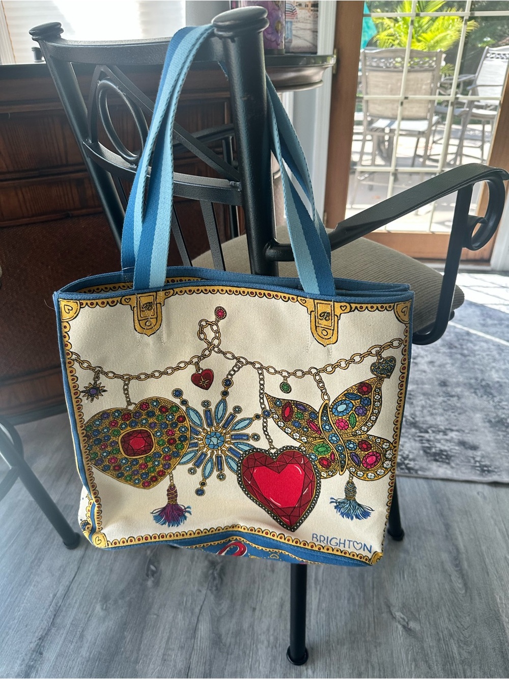 Brighton Cream Tote with Blue Trim and Multicolor Jeweled Charms NWT
